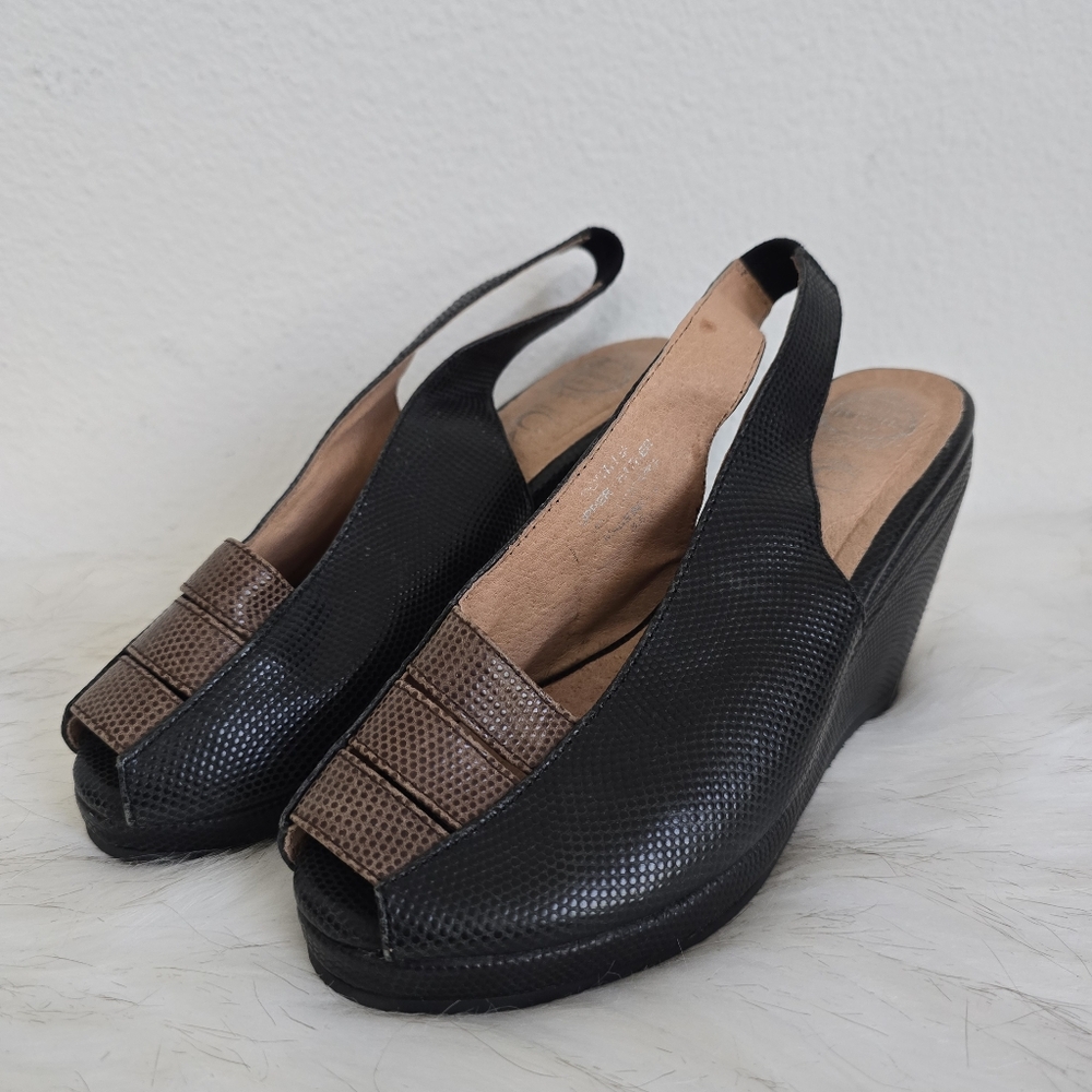 Jeffrey Campbell Black and Brown Peep-Toe Slingback Wedge Sandals